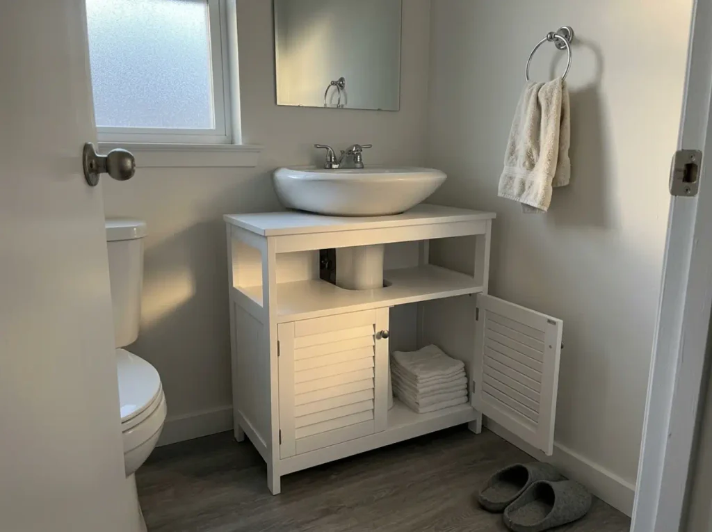 U-shaped storage cabinet wrapped around the base of a pedestal sink in a small rental bathroom