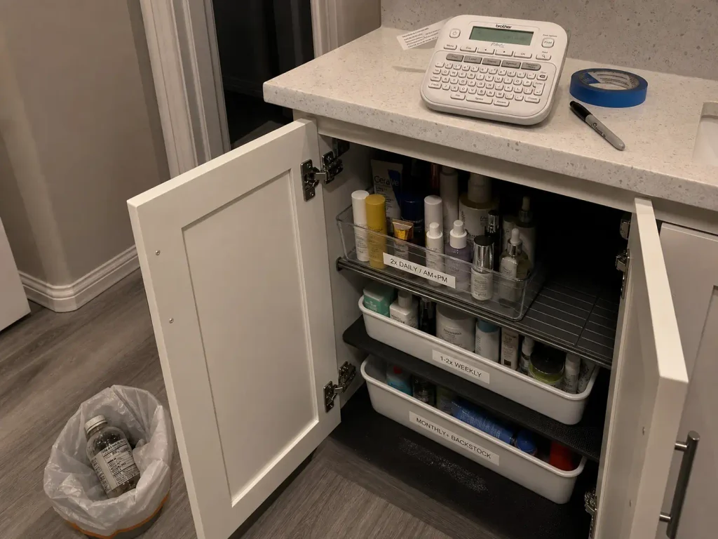 Labeled bins zoned by frequency inside an organized under sink bathroom cabinet during a monthly reset