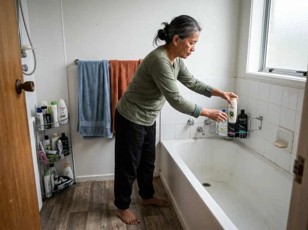 Shared shower with two separate small caddies, one per person, in a rental apartment tub