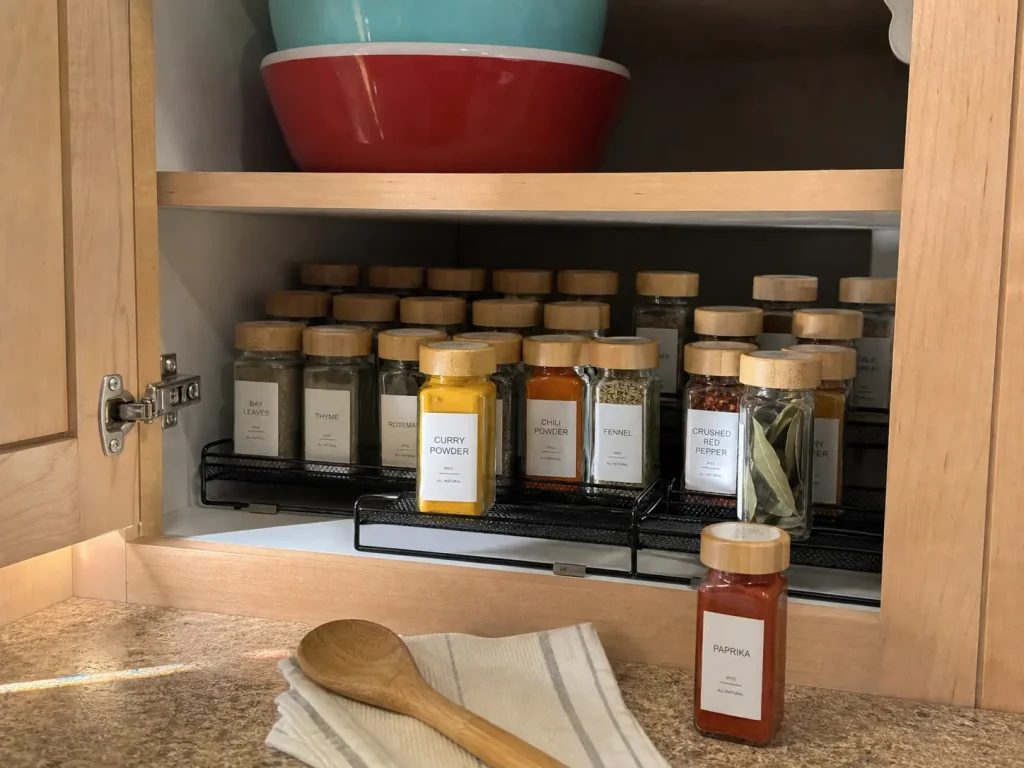 How to Organize Spices in a Small Kitchen Without a Rack 8 Expandable tiered rack holding uniform 4 oz glass spice jars inside a small kitchen cabinet