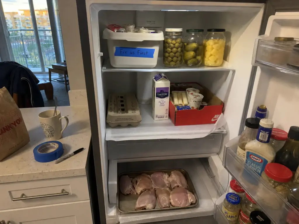 Fridge organized with free containers like glass jars, takeout tubs and the original egg carton