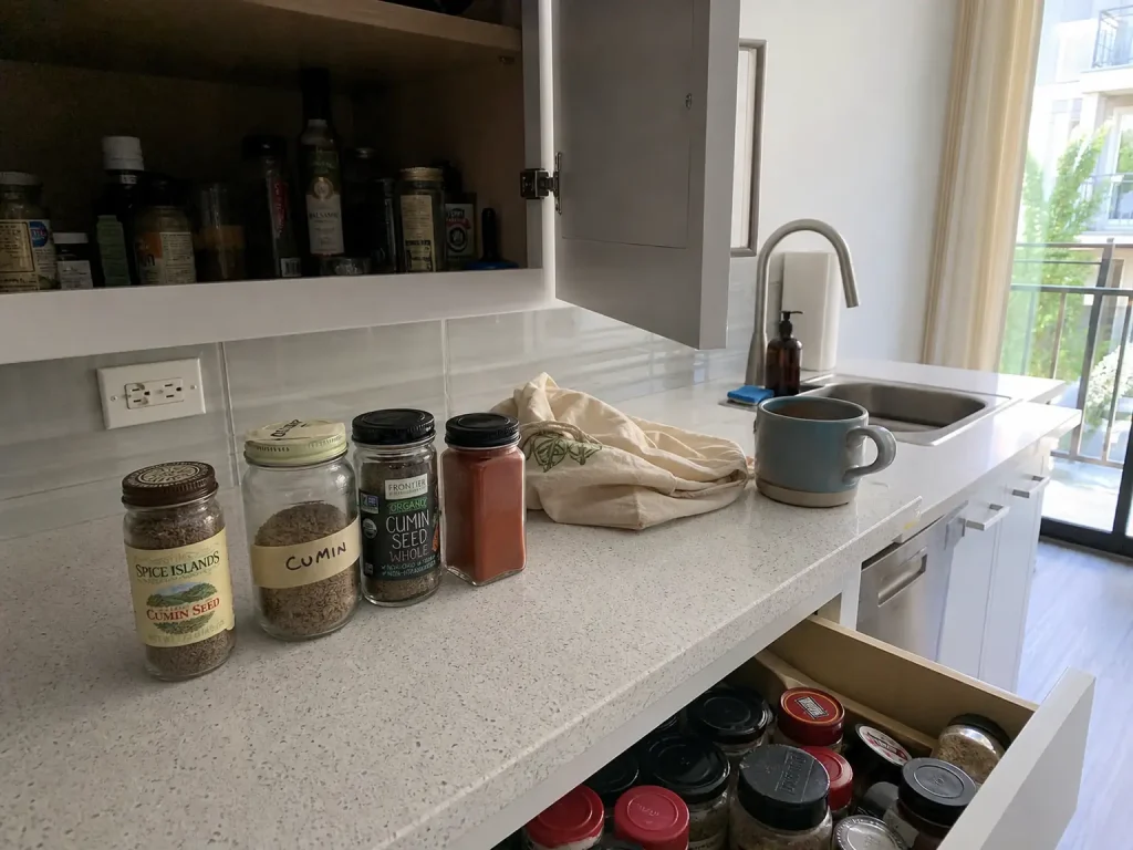 Duplicate jars of cumin pulled to the front of a cabinet during a three month spice organization reset