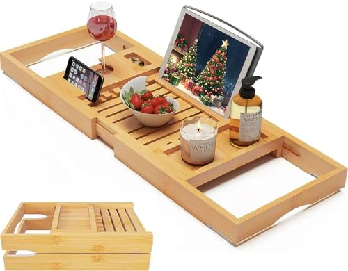 Foldable Bamboo Bathtub Caddy Tray Expandable 27.5-40 inch