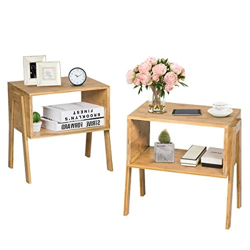 Giantex Bamboo Stackable Nightstand Set of 2