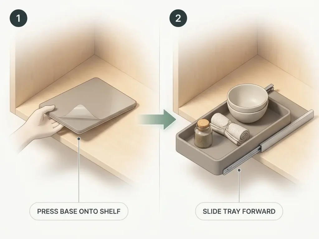 Why Your Small Kitchen With Few Drawers Stays Cluttered 5 Two-step diagram showing an adhesive pull-out cabinet organizer base being mounted, then the loaded tray sliding forward