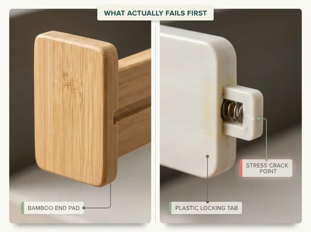 Best Drawer Dividers for Dressers That Actually Fit 3 Close-up comparison of a bamboo divider end pad beside a plastic divider's spring-tension locking tab showing the crack point