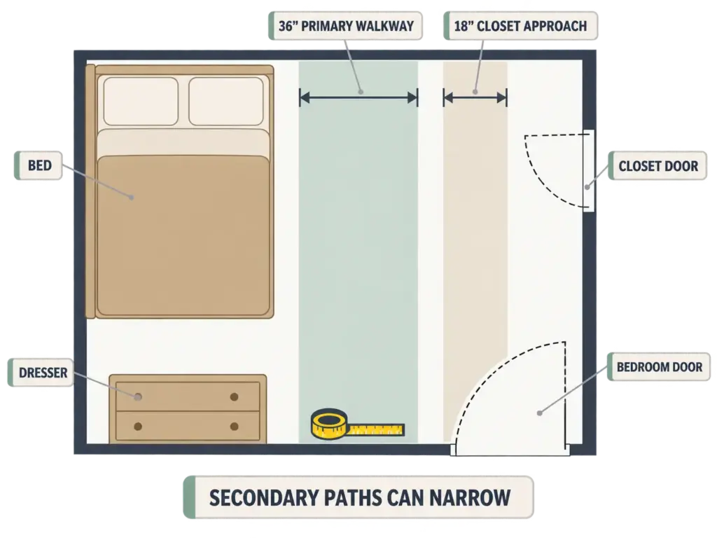 Floor plan diagram showing 36-inch primary bedroom walkway vs narrower closet approach with measurement labels