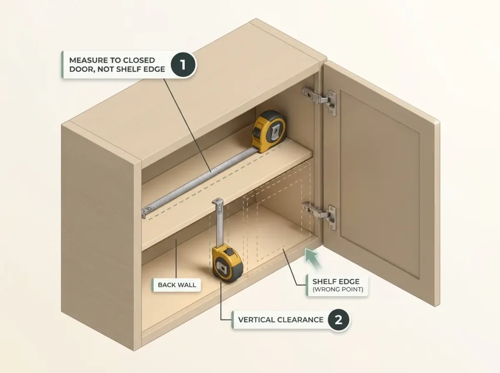 How to Organize Spices in a Small Kitchen Without a Rack 3 Diagram showing how to measure cabinet shelf depth to the closed door versus the shelf edge, with labeled tape measure points