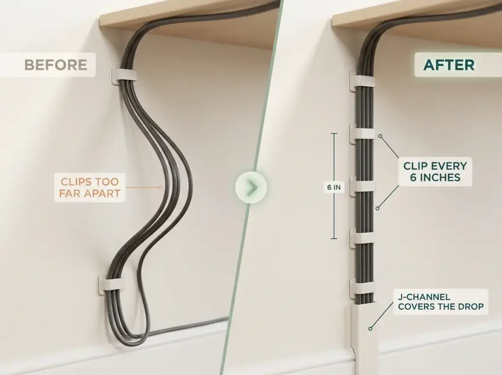 Aesthetic Desk Organization Ideas That Survive Week Two 4 Before/after showing cord clip spacing every 6 inches vs sagging cables with labeled J-channel fix