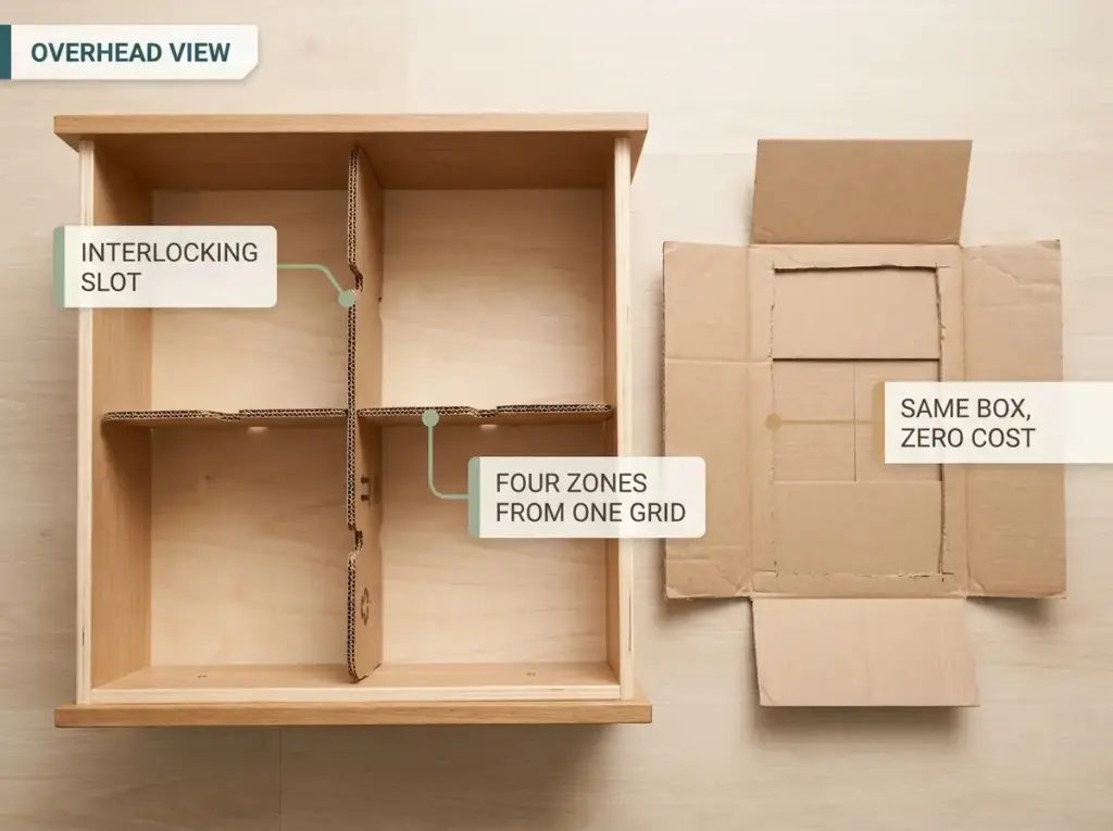 Best Drawer Dividers for Dressers That Actually Fit 12 Overhead shot of a slotted cardboard divider grid inside a dresser drawer beside the shipping box it came from, slots visible
