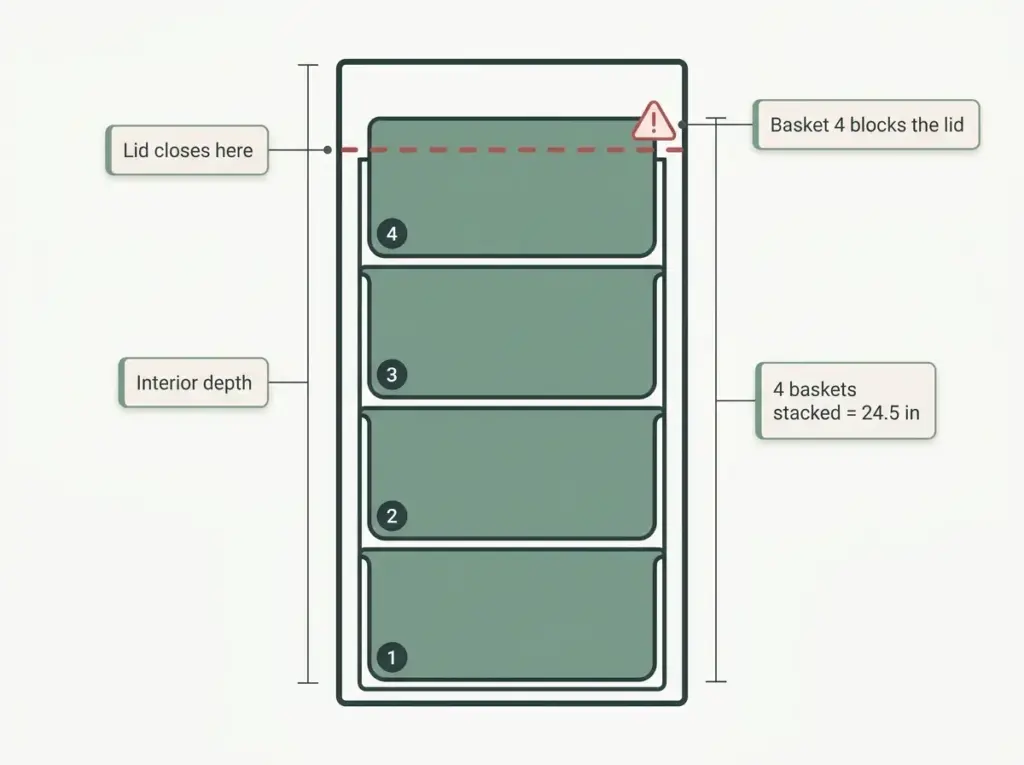 Diagram showing four stacked freezer baskets reaching 24.5in, with the fourth basket blocking the chest freezer lid