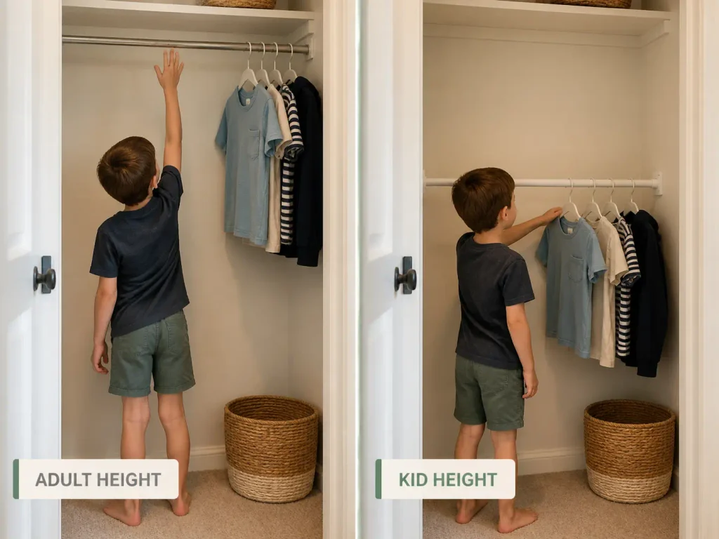 Side-by-side photo of the same closet showing a child unable to reach the adult-height rod, then easily reaching the same rod dropped to kid height