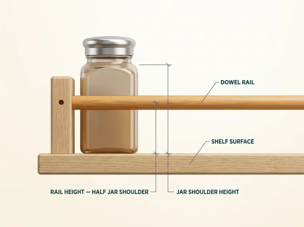 Diagram showing dowel rail spice shelf side view with jar shoulder height and rail clearance measurements labeled