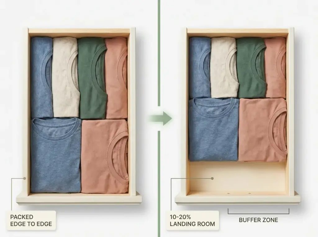 Editorial photo comparing a drawer packed edge to edge versus one with a visible 10-20% front buffer gap