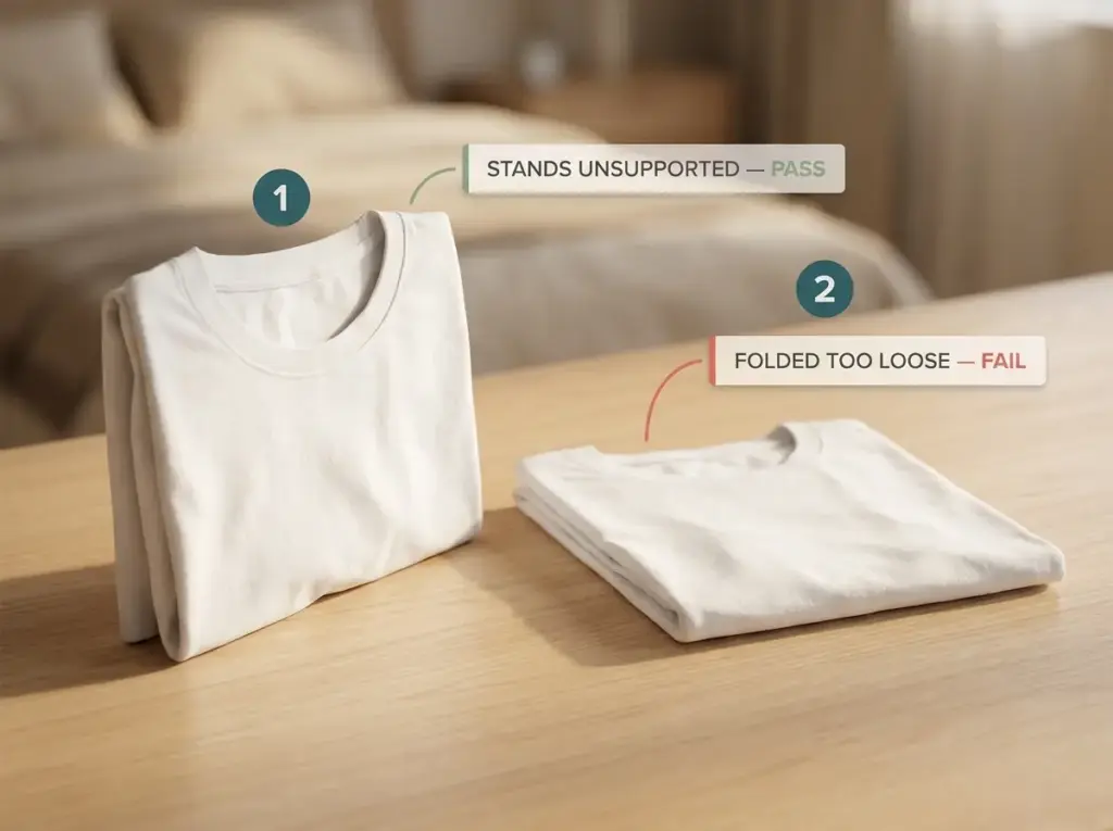 Editorial close-up comparing a t-shirt standing on its folded edge versus folded flat, showing the file-fold pass/fail test