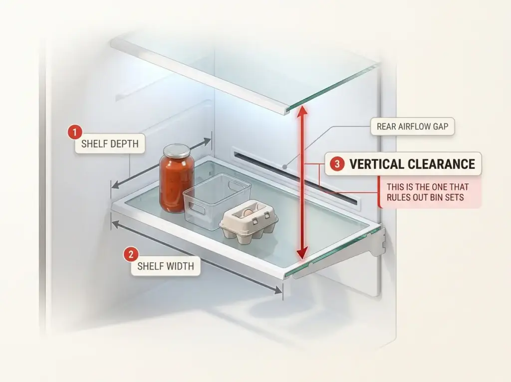 Editorial cross-section of a fridge shelf showing depth, width, and vertical clearance measurements with labeled arrows