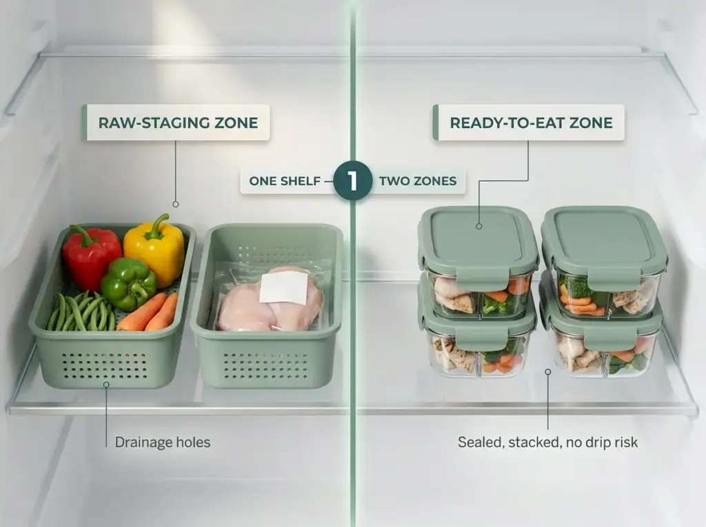 Editorial photo of one fridge shelf split into raw-staging and ready-to-eat zones with a labeled divider line