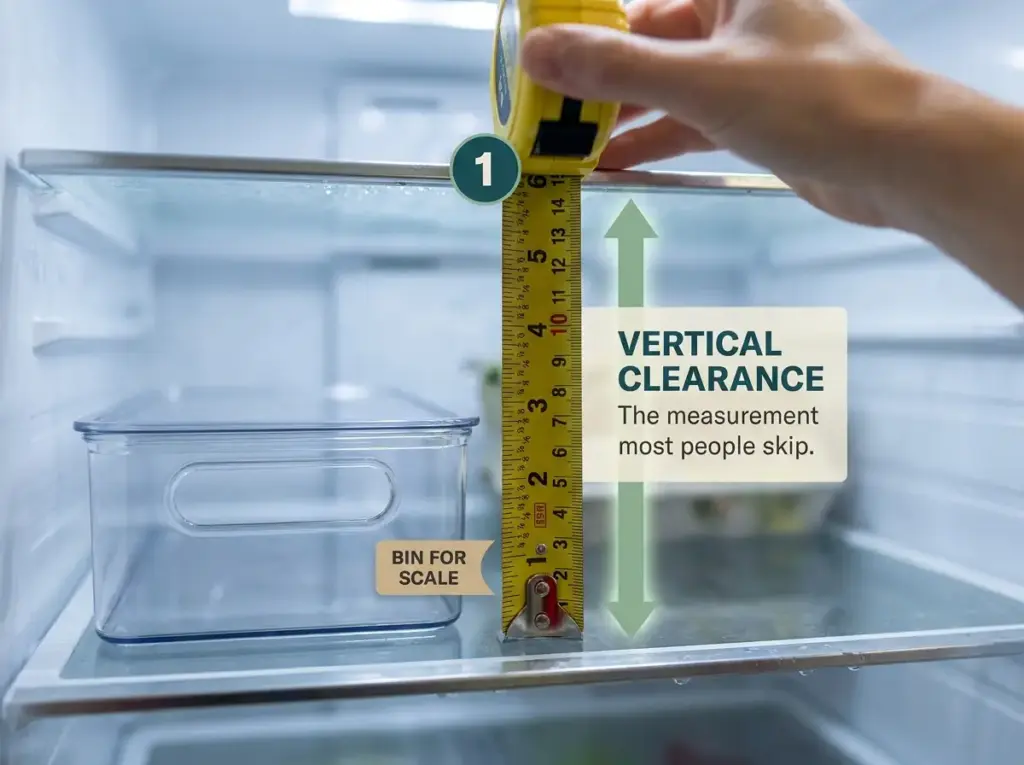 Close-up showing how to measure fridge shelf vertical clearance with a tape measure and bin for scale