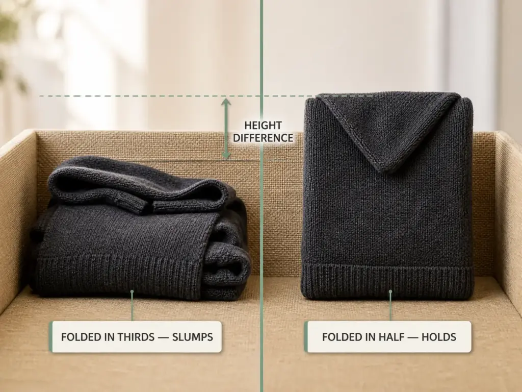 Editorial close-up comparing hoodie folded in thirds slumping versus folded in half standing upright in a drawer