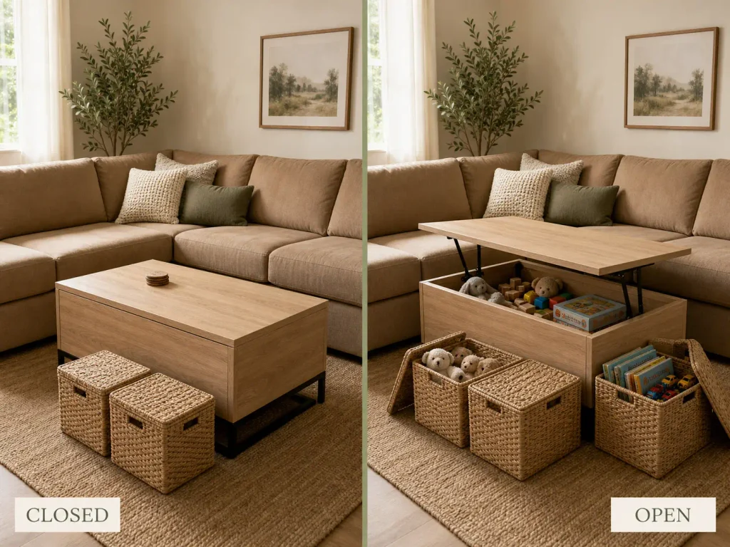Two-frame photo of the same living room showing a lift-top table and lidded baskets closed with no toys visible, then open revealing all the toys inside