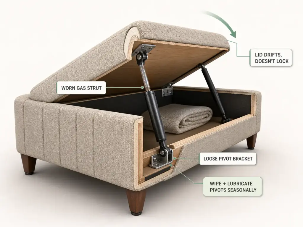 Cutaway diagram showing an ottoman bed lid hovering half-open at the failure point of a worn gas strut