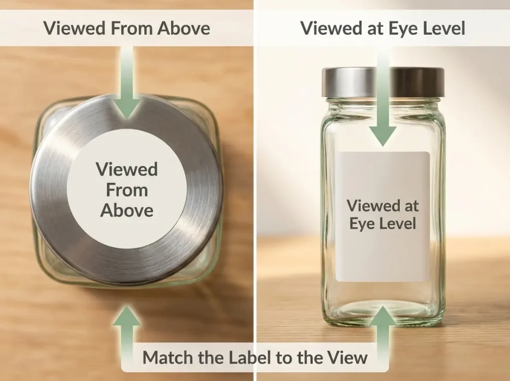 Comparison showing round lid labels viewed from above versus rectangular front labels viewed at eye level on spice jars