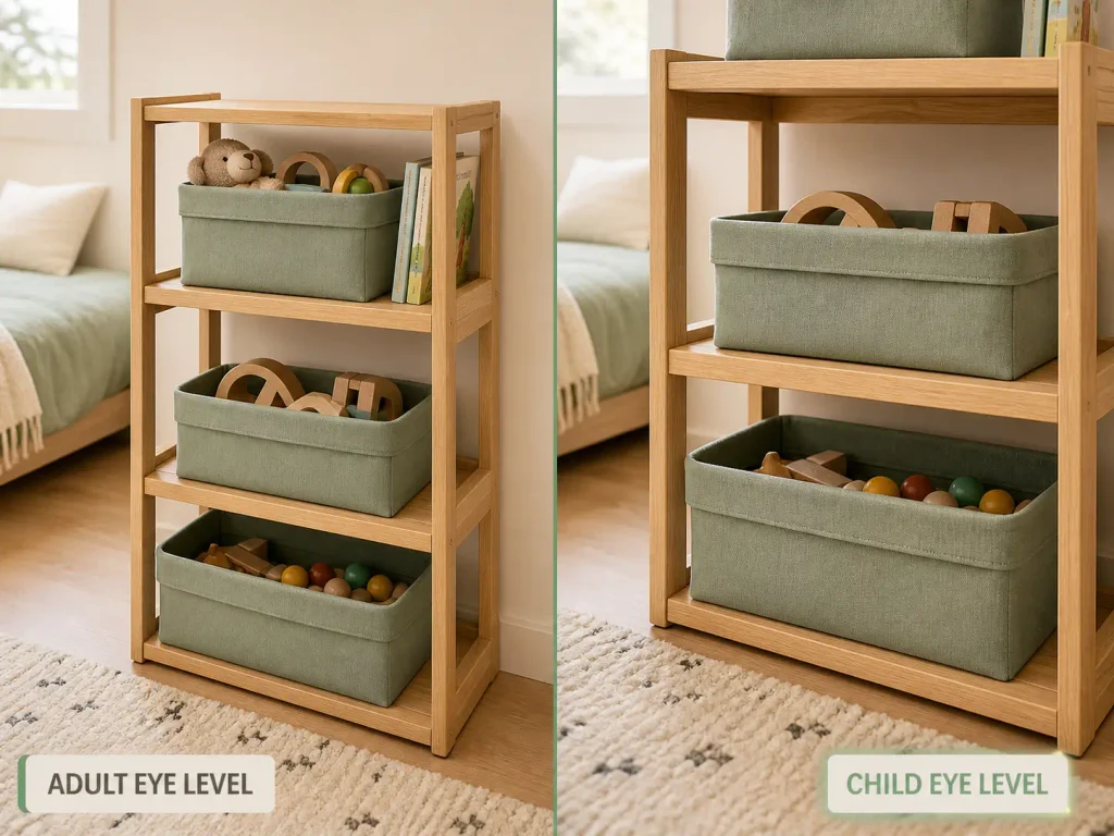Side-by-side photo comparing a kids' shelf from adult eye level and child eye level, showing the top bin disappearing from the lower viewpoint