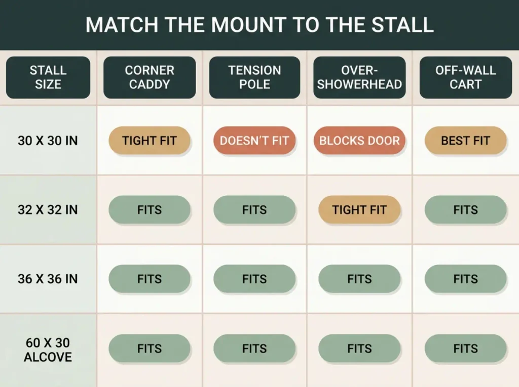 Size and fit chart matching four shower stall footprints to which storage type actually fits each one