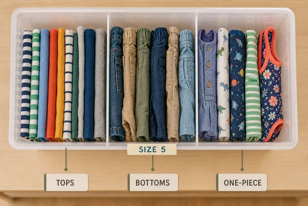 Overhead photo looking down into an open kids clothes bin with dividers separating tops, bottoms, and one-piece items inside one size-labeled container