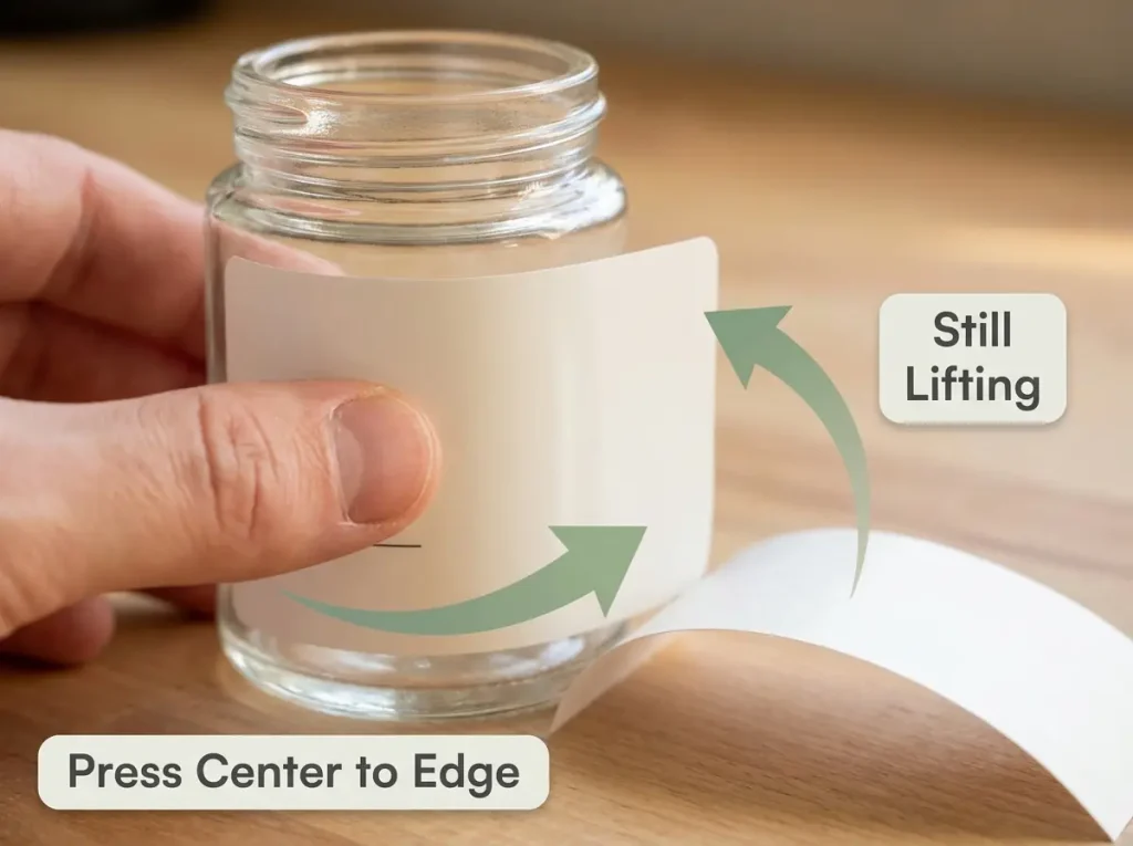 Close-up showing correct spice jar label application with peel, align, and center-out press technique steps