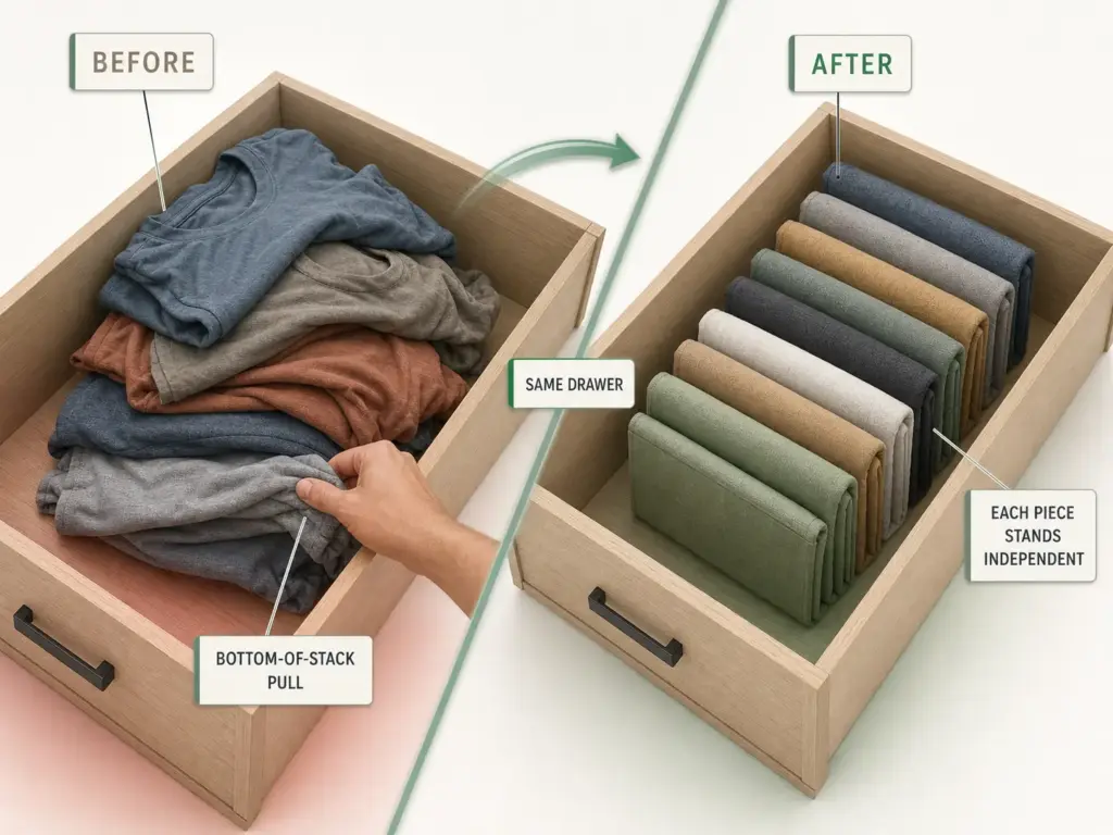 Before/after showing collapsed clothing stack vs upright file-folded drawer rows with labeled access points