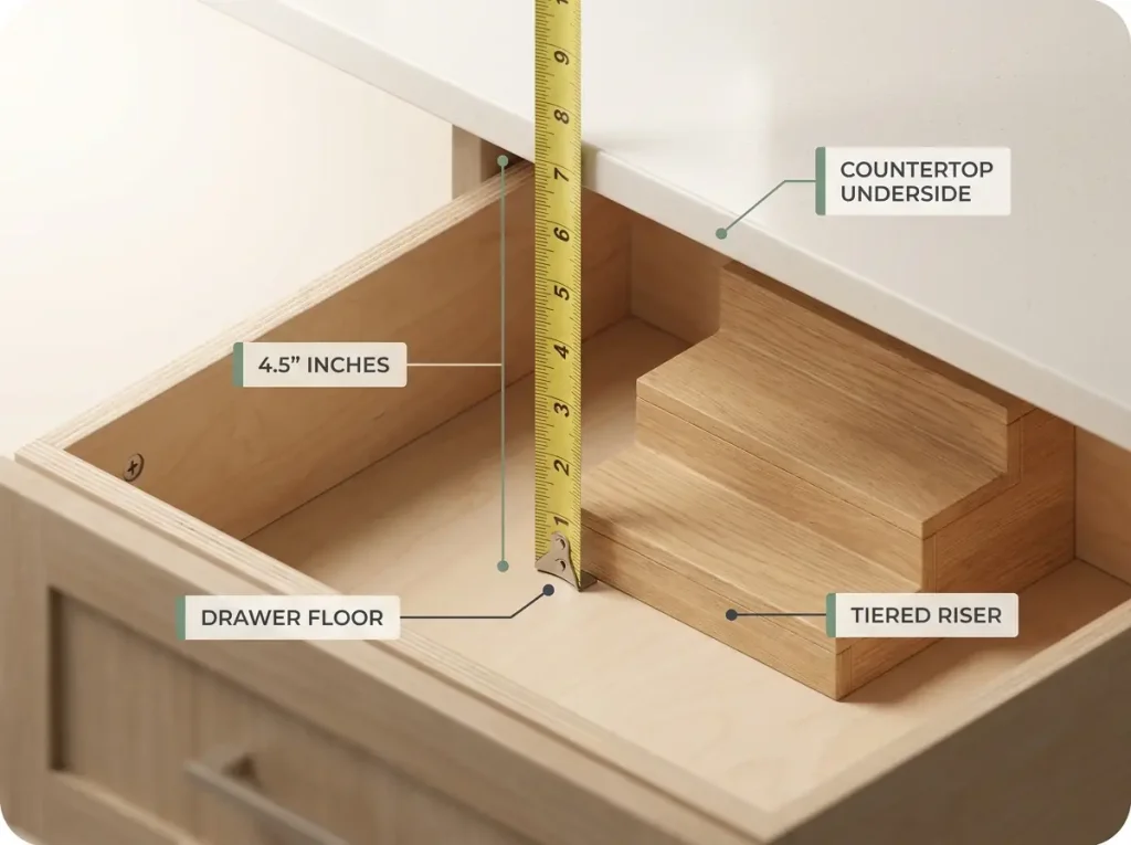 Spice Drawer vs Spice Rack? Your Tape Measure Decides 3 Close-up showing tape measure placement for spice drawer clearance with labeled 4.5 inch measurement and tiered riser