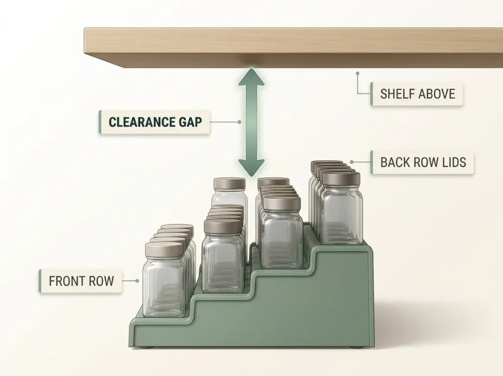 Best Spice Rack Organizers That Actually Stay Put 7 Side view diagram showing tiered spice rack under cabinet shelf with vertical clearance gap labeled