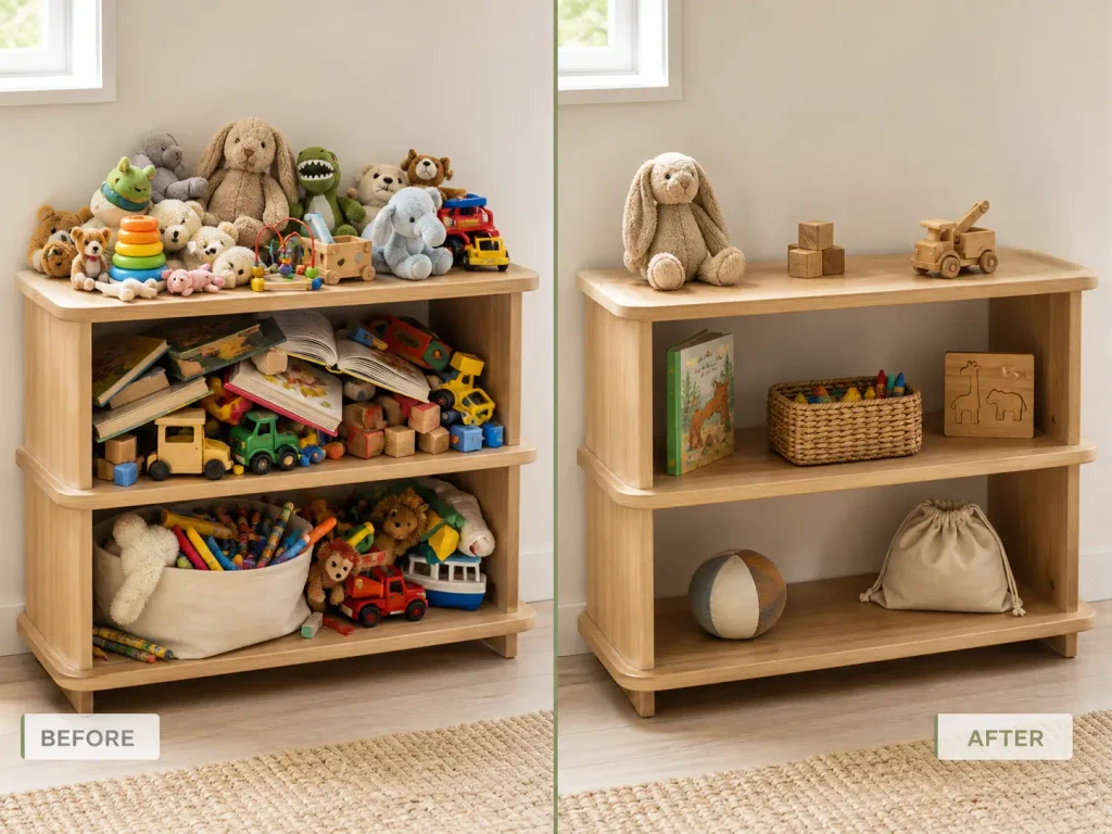 Before and after photo of the same open shelf showing forty crowded toys versus nine spaced-out toys, illustrating toy volume reduction