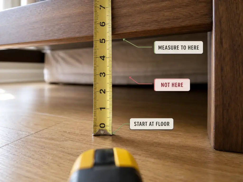 Tape measure showing correct under-bed clearance measurement to bed frame rail, not mattress