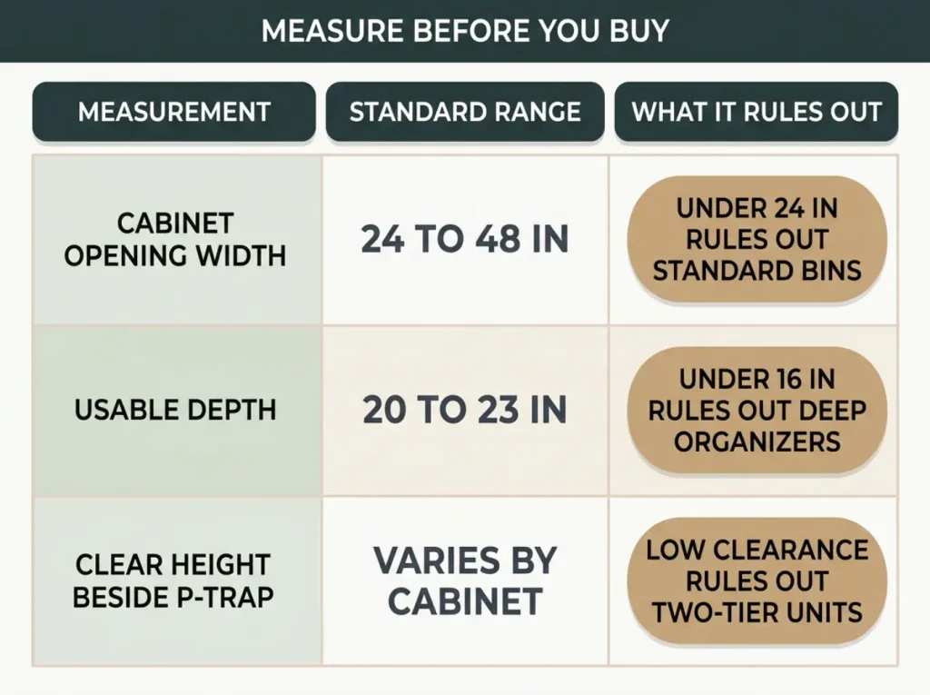 Size and fit chart showing the three measurements to take before buying an under-bathroom-sink organizer