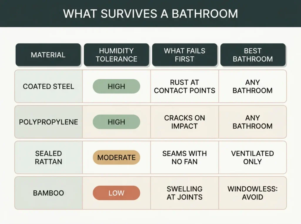 Comparison chart of four under-sink organizer materials by humidity tolerance, failure point, and best bathroom type