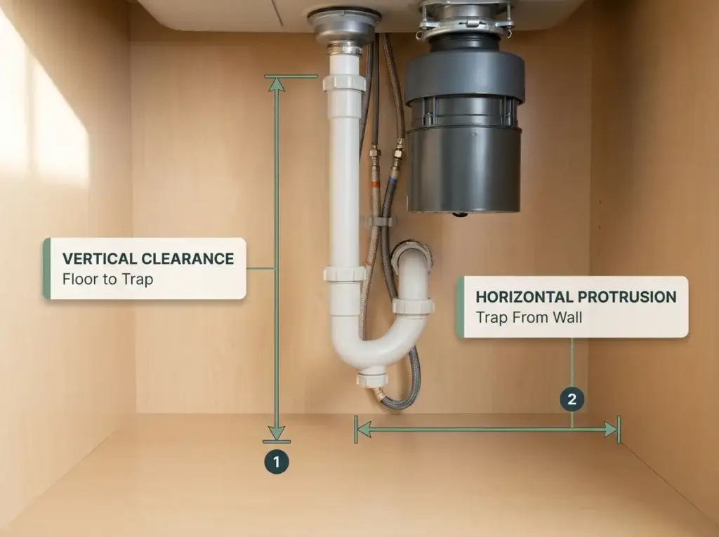 Diagram showing under-sink cabinet with vertical trap clearance and horizontal pipe protrusion measurements labeled