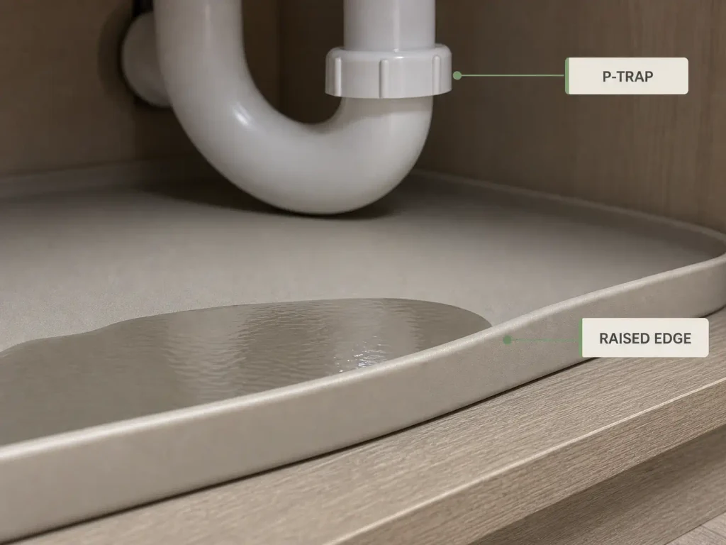 Close-up photo of a waterproof under-sink mat's raised edge holding a small pool of water on the cabinet floor, with the P-trap pipe visible above