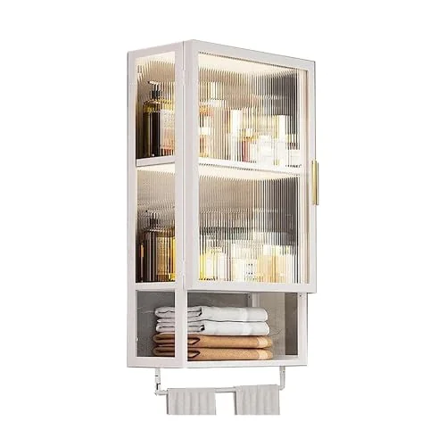 Metal Bathroom Wall Cabinet, No-Drill Medicine Cabinet with Glass Door