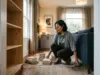 Best Bookshelves for Small Spaces That Won’t Sag Woman measuring the walkway beside an empty narrow bookshelf in a small renovated living room