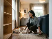 Best Bookshelves for Small Spaces That Won’t Sag Woman measuring the walkway beside an empty narrow bookshelf in a small renovated living room