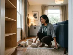 Best Bookshelves for Small Spaces That Won’t Sag Woman measuring the walkway beside an empty narrow bookshelf in a small renovated living room