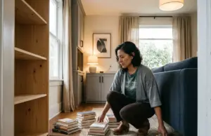 Best Bookshelves for Small Spaces That Won’t Sag Woman measuring the walkway beside an empty narrow bookshelf in a small renovated living room