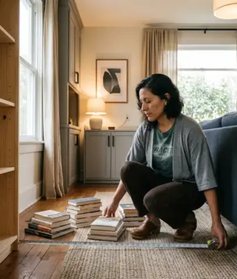 Best Bookshelves for Small Spaces That Won’t Sag Woman measuring the walkway beside an empty narrow bookshelf in a small renovated living room