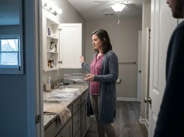 Woman fitting a shallow acrylic organizer tray into a rental medicine cabinet above the bathroom sink