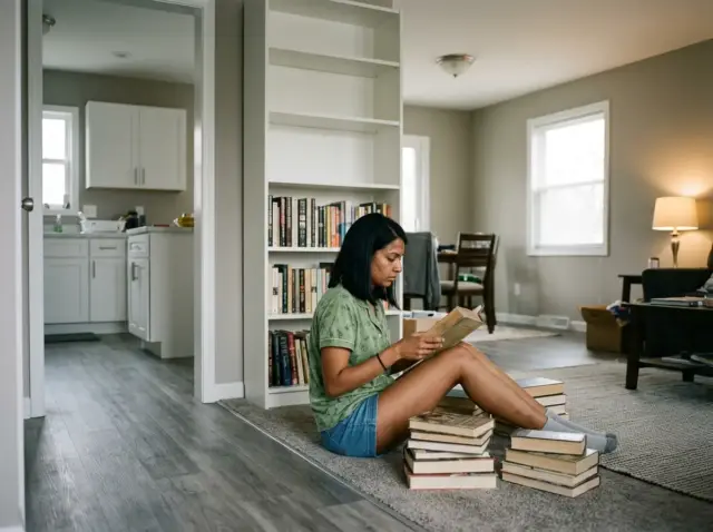 0-bookshelf-organization-sorting-books-into-piles Woman mid-project sorting books into piles on the floor beside a half-empty bookshelf
