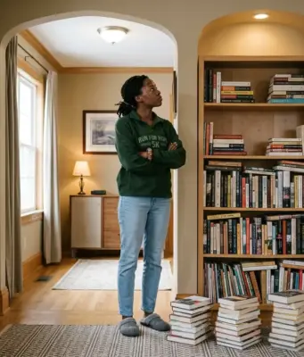 7 Bookshelf Styling Ideas That Survive Real Life Woman standing back from a half-styled bookcase in an arched alcove, books stacked on the rug beside her
