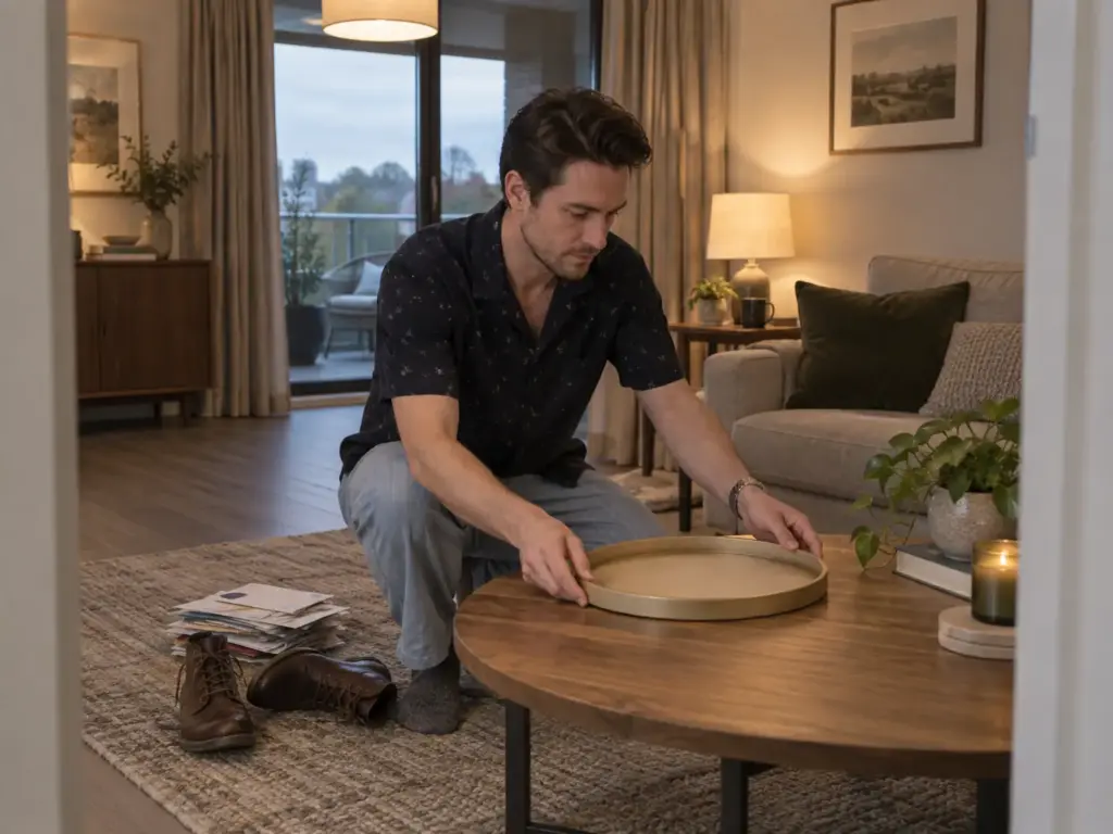 Man setting a round gold tray on a living room coffee table during a Sunday evening surface reset