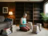 The Bookshelf Setup Organizers Keep Coming Back To Woman sorting books into stacks on the floor while organizing a bookshelf in a living room